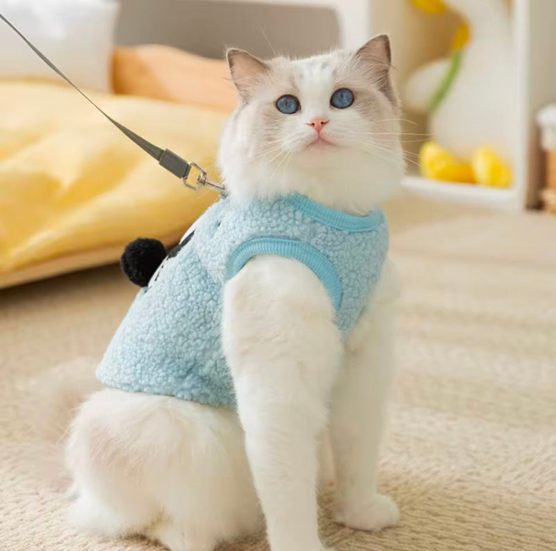 Fluffy white cat with blue eyes wearing a light blue sherpa-textured fleece vest with a black pom-pom detail, attached to a leash. The cat is sitting on a beige carpet in a cozy indoor setting, looking upward.