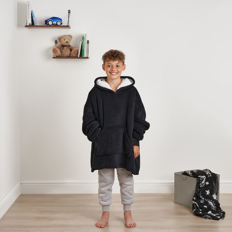 Black oversized wearable blanket hoodie for boys, featuring sherpa fleece lining, large front pocket and hood – cozy winter loungewear ideal for home comfort and gifting in Lebanon