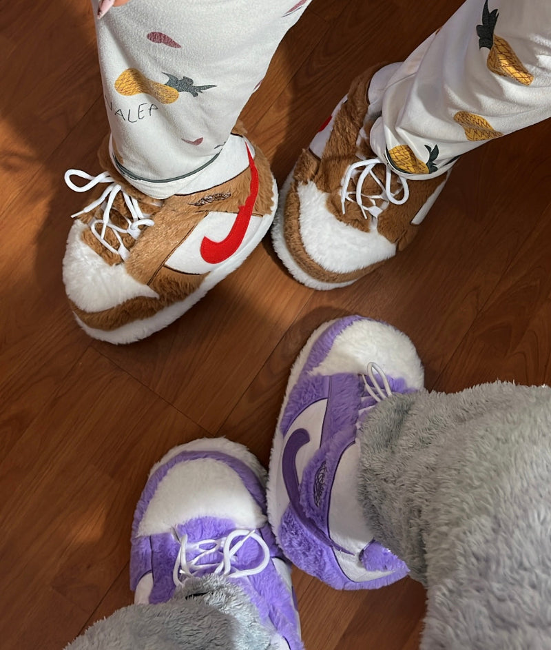 Brown and purple fuzzy slippers with soft plush lining – cozy indoor winter footwear for men, women and teens, perfect for lounging at home or gifting in Lebanon