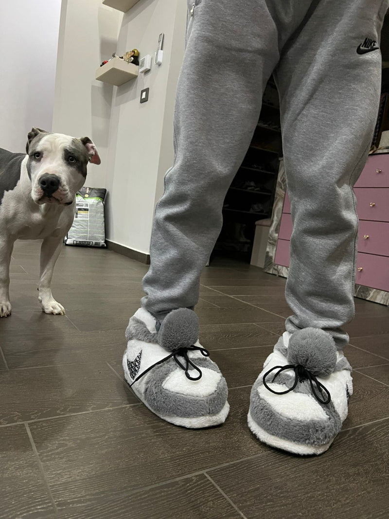 Grey fuzzy slippers with soft plush lining – cozy indoor winter footwear for lounging, comfort or gifting for men, women and teens in Lebanon