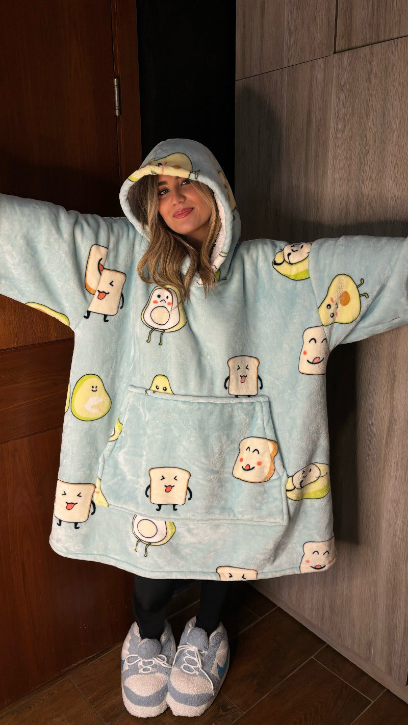 Light blue oversized wearable blanket hoodie with hood and large front pocket – cozy essentials hoodie for men and women, perfect for winter lounging and Christmas gifting in Lebanon