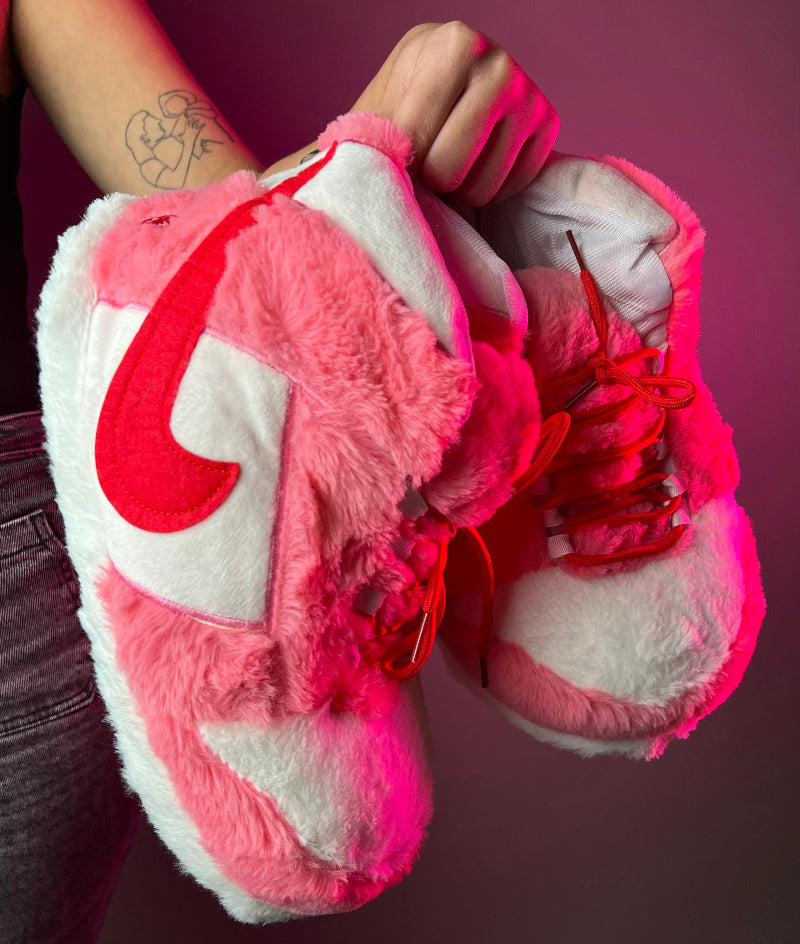 Pink fuzzy plush slippers with soft cozy lining – warm indoor winter loungewear footwear for women, teens or gifting in Lebanon