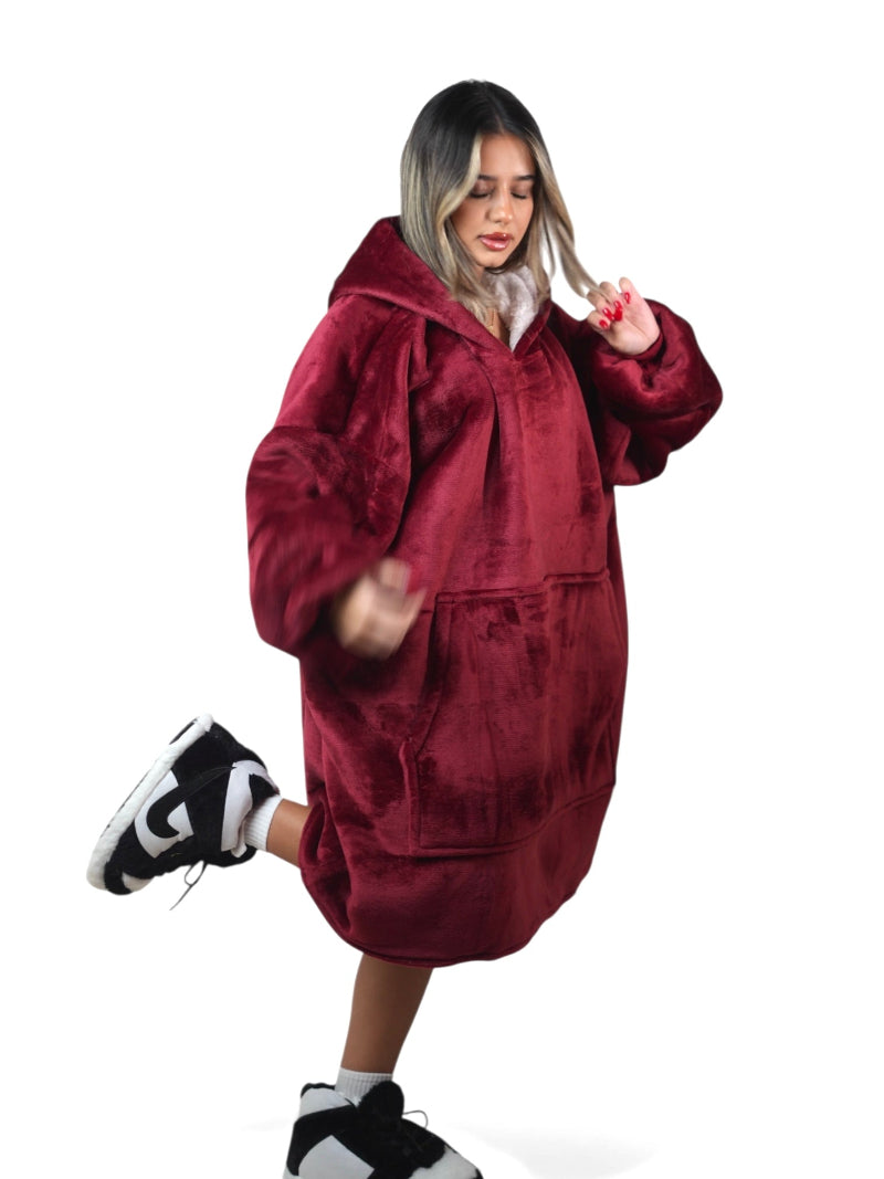 Red oversized wearable blanket hoodie with sherpa fleece lining, large hood and kangaroo pocket – cozy winter loungewear for men, women and teens, ideal for warmth and gifting in Lebanon
