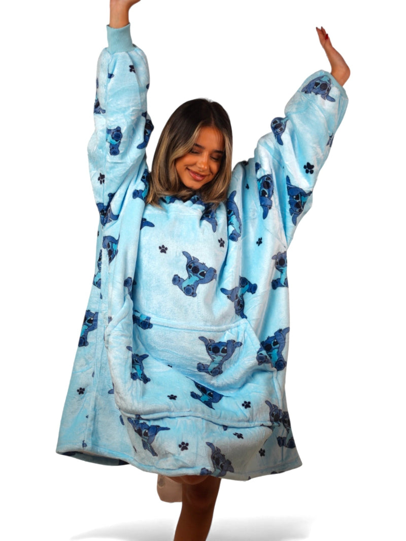 Light blue sherpa-lined oversized wearable blanket hoodie featuring a cute Stitch character print and a front kangaroo pocket, laid flat on a white background.